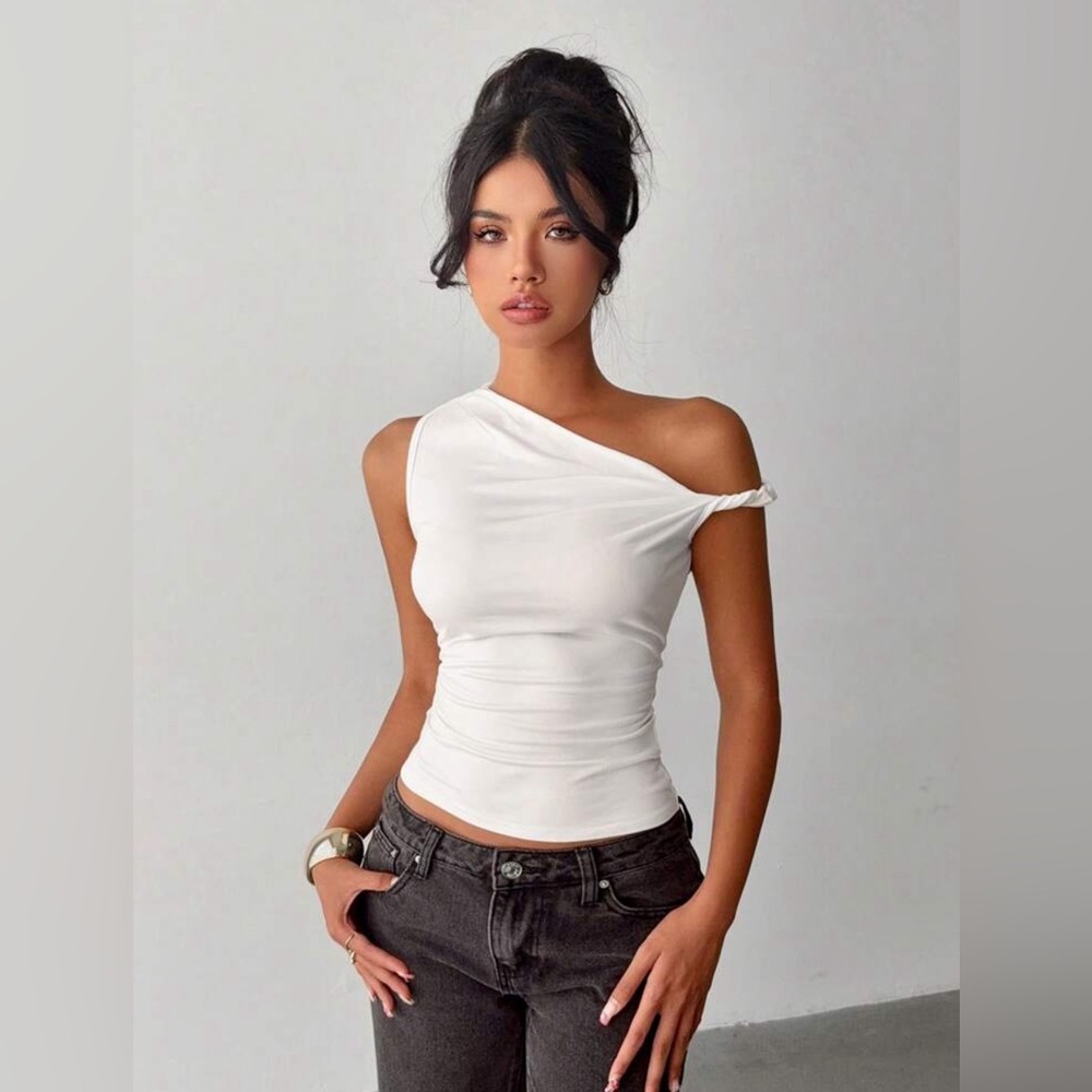 White Off the Shoulder Ruched Scrunched Twist Crop Top Shirt Blouse